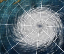 Hurricane graphic with digital monitoring analysis graph as a dangerous natural disaster weather system off an ocean coast in a 3D illustration style.