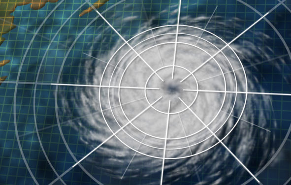 Hurricane graphic with digital monitoring analysis graph as a dangerous natural disaster weather system off an ocean coast in a 3D illustration style.