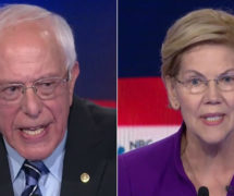 Senator Bernie Sanders, D/I-Vt., left, and Senator Elizabeth Warren, D-Mass., right, speak at the first Democratic Debate in Miami, Florida on June 26 and 27, 2019.