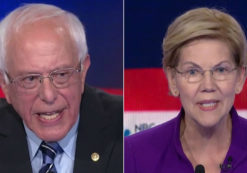 Senator Bernie Sanders, D/I-Vt., left, and Senator Elizabeth Warren, D-Mass., right, speak at the first Democratic Debate in Miami, Florida on June 26 and 27, 2019.