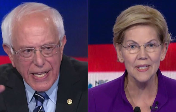 Senator Bernie Sanders, D/I-Vt., left, and Senator Elizabeth Warren, D-Mass., right, speak at the first Democratic Debate in Miami, Florida on June 26 and 27, 2019.