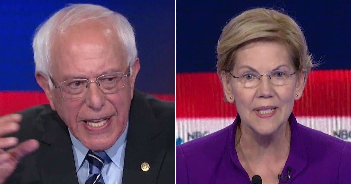Senator Bernie Sanders, D/I-Vt., left, and Senator Elizabeth Warren, D-Mass., right, speak at the first Democratic Debate in Miami, Florida on June 26 and 27, 2019.
