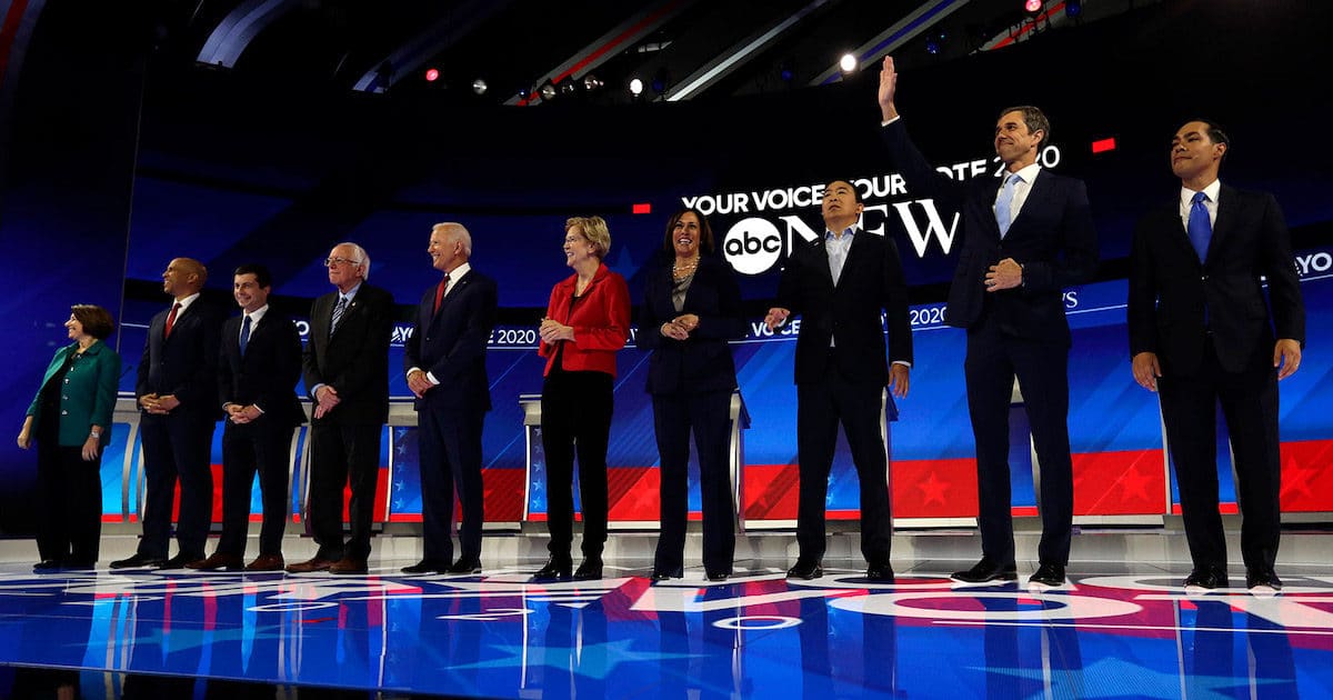 2020 Democratic presidential candidates from left to right: Amy Klobuchar, Minn., Cory Booker, N.J., Pete Buttigieg, Ind., Bernie Sanders, Vt., Joe Biden, De., Elizabeth Warren, Mass., Kamala Harris, Calif., Andrew Yang, Calif., Francis Beto O'Rourke, Texas, and Julian Castro, Texas, meet at the ABC News debate in Houston, Texas.