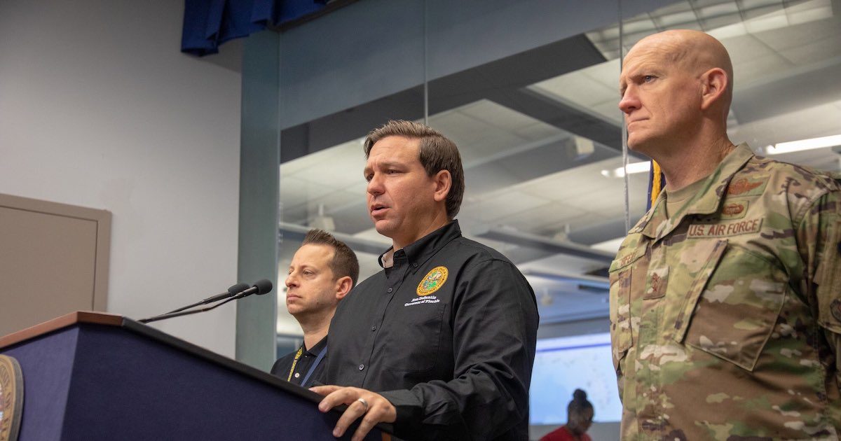 Republican Florida Governor Ron DeSantis briefs reporters on preparations ahead of Hurricane Dorian on August 31, 2019.