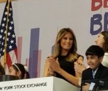 First Lady Melania Trump rings the ceremonial opening bell at the New York Stock Exchange on Monday September 23, 2019. The first lady is accompanied by children from the United Nations International School and, to her left, NYSE President Stacey Cunningham. (Photo: People's Pundit Daily)