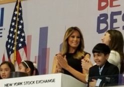 First Lady Melania Trump rings the ceremonial opening bell at the New York Stock Exchange on Monday September 23, 2019. The first lady is accompanied by children from the United Nations International School and, to her left, NYSE President Stacey Cunningham. (Photo: People's Pundit Daily)