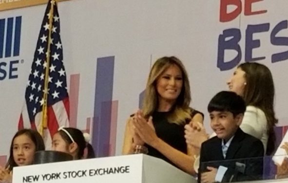 First Lady Melania Trump rings the ceremonial opening bell at the New York Stock Exchange on Monday September 23, 2019. The first lady is accompanied by children from the United Nations International School and, to her left, NYSE President Stacey Cunningham. (Photo: People's Pundit Daily)