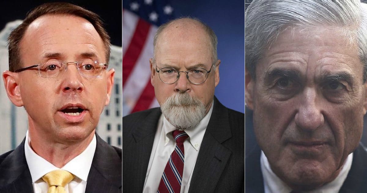 Former Deputy Attorney General Rod Rosenstein, left, U.S. Attorney John Durham, center, and Robert Mueller, right.