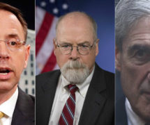 Former Deputy Attorney General Rod Rosenstein, left, U.S. Attorney John Durham, center, and Robert Mueller, right.