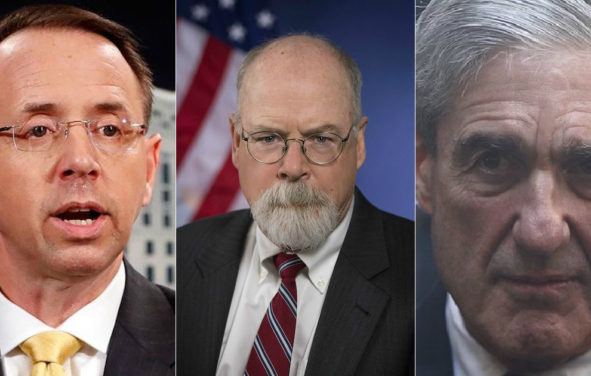 Former Deputy Attorney General Rod Rosenstein, left, U.S. Attorney John Durham, center, and Robert Mueller, right.