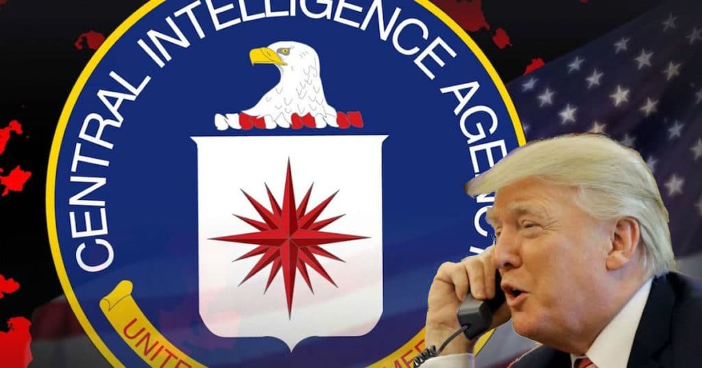 Donald Trump over a graphic concept of the Central Intelligence Agency (CIA).