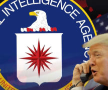Donald Trump over a graphic concept of the Central Intelligence Agency (CIA).