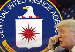 Donald Trump over a graphic concept of the Central Intelligence Agency (CIA).