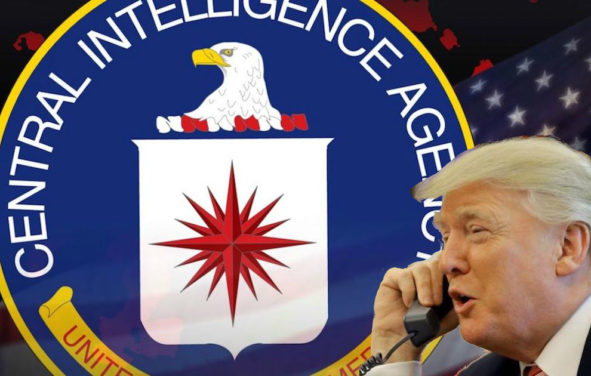 Donald Trump over a graphic concept of the Central Intelligence Agency (CIA).