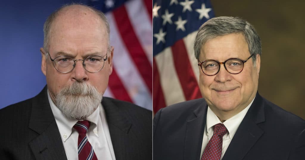 John H. Durham, left, the 52nd U.S. Attorney for the District of Connecticut, and William "Bill" Barr, right, who served as the 77th Attorney General of the United States and was nominated to serve as the nation's top cop again by President Donald Trump on December 7, 2018. (Photo: Courtesy of the Justice Department)