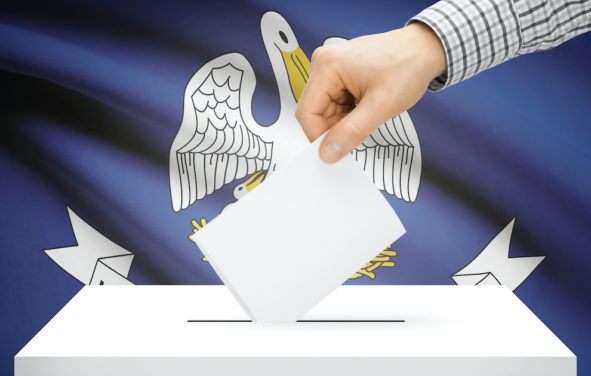 Voting, elections and state polls concept: Ballot box with state flag in the background - Louisiana. (Photo: AdobeStock)
