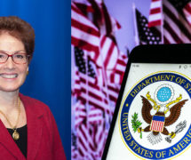 Marie Yovanovitch, the former U.S. Ambassador to Ukraine, left, and a graphic illustration of the U.S. State Department as seen on a mobile device in Kiev. (Photo: State Department/AdobeStock)