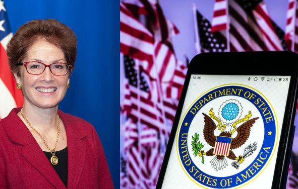 Marie Yovanovitch, the former U.S. Ambassador to Ukraine, left, and a graphic illustration of the U.S. State Department as seen on a mobile device in Kiev. (Photo: State Department/AdobeStock)