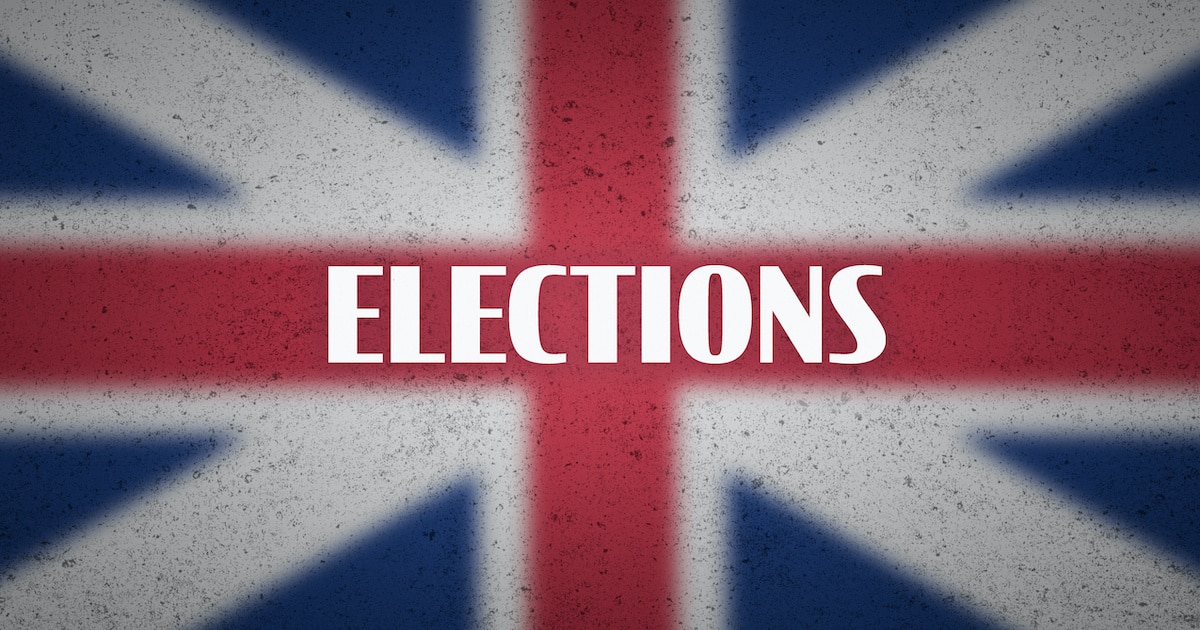 UK Elections on blurred Union Jack flag. The graphic illustration and concept for British elections. (Photo: AdobeStock)