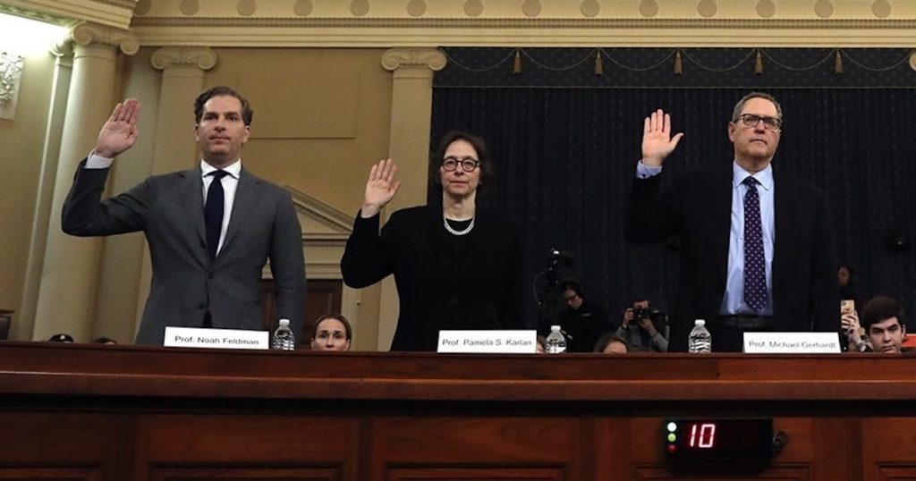 From left to right: Harvard Law professor Noah Feldman, Stanford Law professor Pamela Karlan, and University of North Carolina School of Law professor Michael Gerhardt testify for Democrats as "legal experts" before the House Judiciary Committee on December 4, 2019.