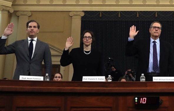 From left to right: Harvard Law professor Noah Feldman, Stanford Law professor Pamela Karlan, and University of North Carolina School of Law professor Michael Gerhardt testify for Democrats as 