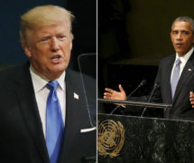 President Donald J. Trump, left, addresses the 72nd United Nations General Assembly (UNGA) at U.N. headquarters in New York, U.S., September 19, 2017, while former President Barack H. Obama, right, addresses the UNGA on September 28, 2015. (Photos: Reuters)