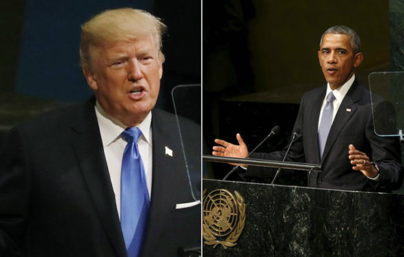 President Donald J. Trump, left, addresses the 72nd United Nations General Assembly (UNGA) at U.N. headquarters in New York, U.S., September 19, 2017, while former President Barack H. Obama, right, addresses the UNGA on September 28, 2015. (Photos: Reuters)