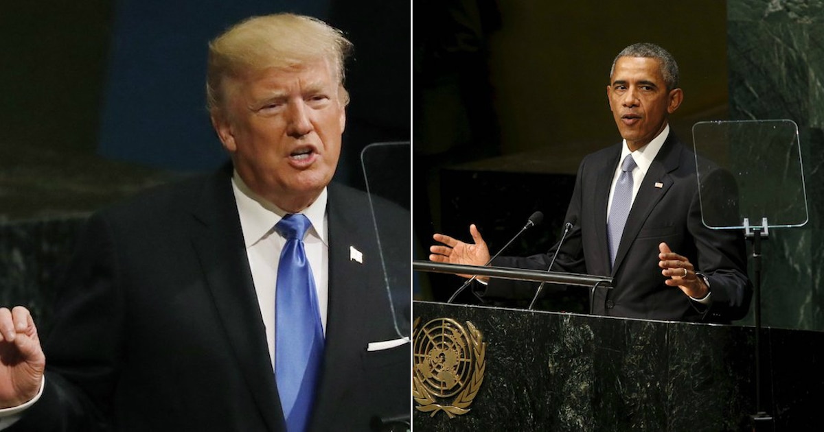 President Donald J. Trump, left, addresses the 72nd United Nations General Assembly (UNGA) at U.N. headquarters in New York, U.S., September 19, 2017, while former President Barack H. Obama, right, addresses the UNGA on September 28, 2015. (Photos: Reuters)