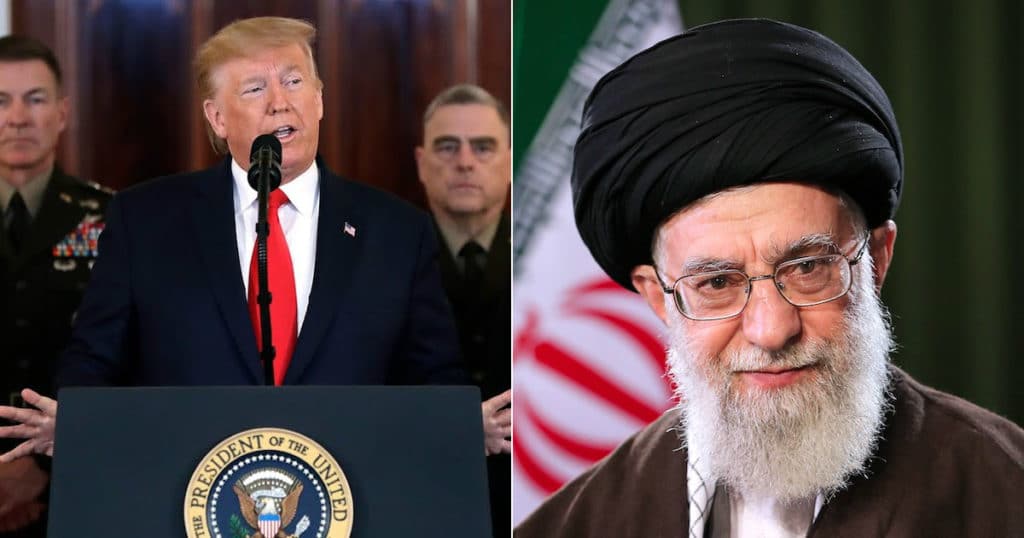 U.S. President Donald J. Trump, left, delivering remarks at the White House after the ineffective Iran missile attack on U.S. and allies in Iraq on Wednesday, January 8, 2020, and Iran Supreme Leader Ayatollah Ali Khamenei, right.