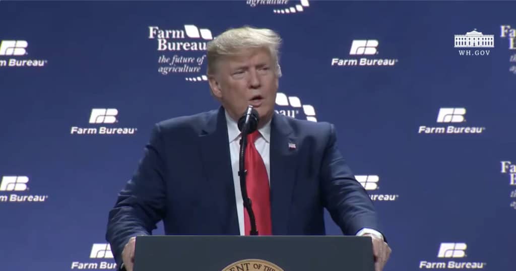 President Donald Trump speaks at the American Farm Bureau Federation Annual Convention and Trade Show in Austin, Texas, on Sunday, January 19, 2020.