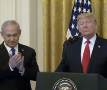 U.S. President Donald J. Trump, flanked by Israeli Prime Minister Benjamin Netanyahu, unveils his Middle East Peace Plan at the White House on Tuesday, January 28, 2020.