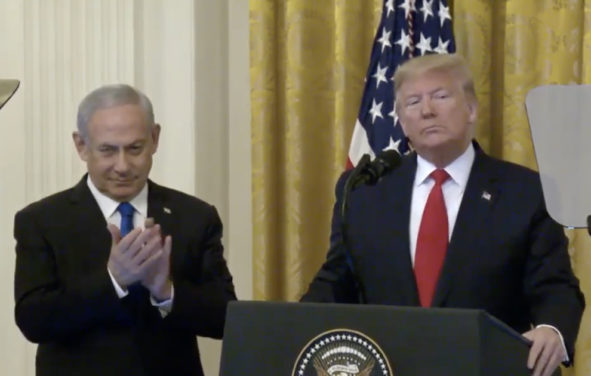 U.S. President Donald J. Trump, flanked by Israeli Prime Minister Benjamin Netanyahu, unveils his Middle East Peace Plan at the White House on Tuesday, January 28, 2020.