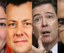 From left to right: Demoted FBI lawyer Lisa Page, her extramarital lover and reassigned former counterintelligence head Peter Strzok, fired former FBI director James Comey, and fired former FBI deputy director Andrew McCabe. (Photos: Reuters/FBI)