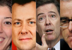 From left to right: Demoted FBI lawyer Lisa Page, her extramarital lover and reassigned former counterintelligence head Peter Strzok, fired former FBI director James Comey, and fired former FBI deputy director Andrew McCabe. (Photos: Reuters/FBI)