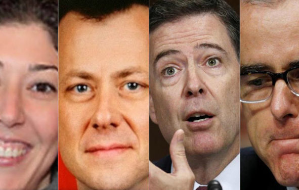 From left to right: Demoted FBI lawyer Lisa Page, her extramarital lover and reassigned former counterintelligence head Peter Strzok, fired former FBI director James Comey, and fired former FBI deputy director Andrew McCabe. (Photos: Reuters/FBI)