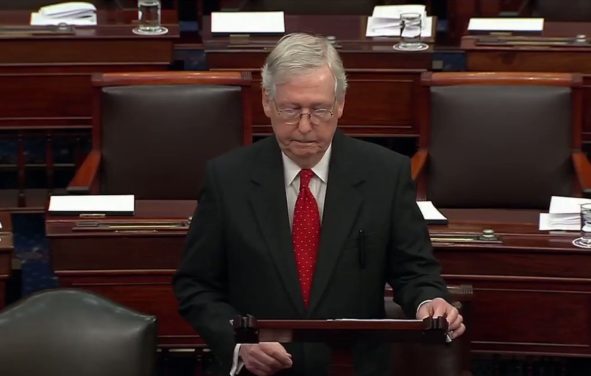 Senate Majority Leader Mitch McConnell, R-Kty., speaks on the floor of the U.S. Senate during the first day of the impeachment trial of Donald Trump, Tuesday, January 21, 2020.