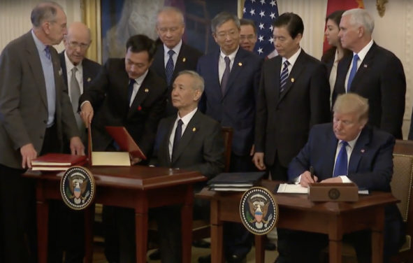 President Donald J. Trump, with Chinese Vice Premier Liu He, at the signing of Phase One of the U.S.-China Trade Deal on Wednesday, January 15, 2020.
