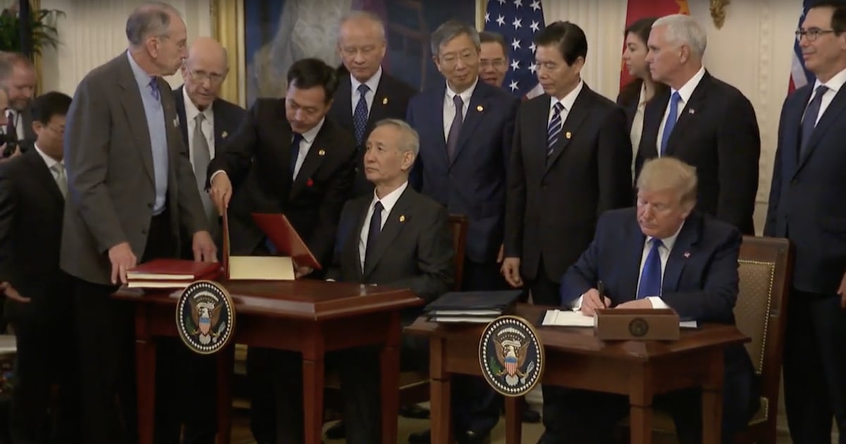 President Donald J. Trump, with Chinese Vice Premier Liu He, at the signing of Phase One of the U.S.-China Trade Deal on Wednesday, January 15, 2020.