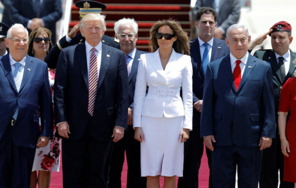 U.S. President Donald Trump (2nd L) and first lady Melania Trump (3rd L) stand with Israeli Prime Minister Benjamin Netanyahu (2nd R), his wife Sara (R) and Israel's President Reuven Rivlin (L) upon their arrival at Ben Gurion International Airport in Lod near Tel Aviv, Israel May 22, 2017. (Photo: Reuters)