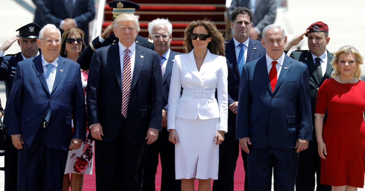 U.S. President Donald Trump (2nd L) and first lady Melania Trump (3rd L) stand with Israeli Prime Minister Benjamin Netanyahu (2nd R), his wife Sara (R) and Israel's President Reuven Rivlin (L) upon their arrival at Ben Gurion International Airport in Lod near Tel Aviv, Israel May 22, 2017. (Photo: Reuters)