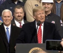 President Donald Trump—flanked by Vice President Mike Pence, business leaders and lawmakers—celebrating the signing the United States-Mexico-Canada Trade Agreement (USMCA) at the White House on Wednesday, January 29, 2020.