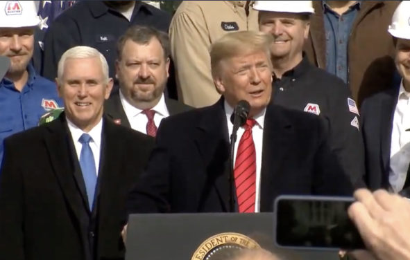 President Donald Trump—flanked by Vice President Mike Pence, business leaders and lawmakers—celebrating the signing the United States-Mexico-Canada Trade Agreement (USMCA) at the White House on Wednesday, January 29, 2020.