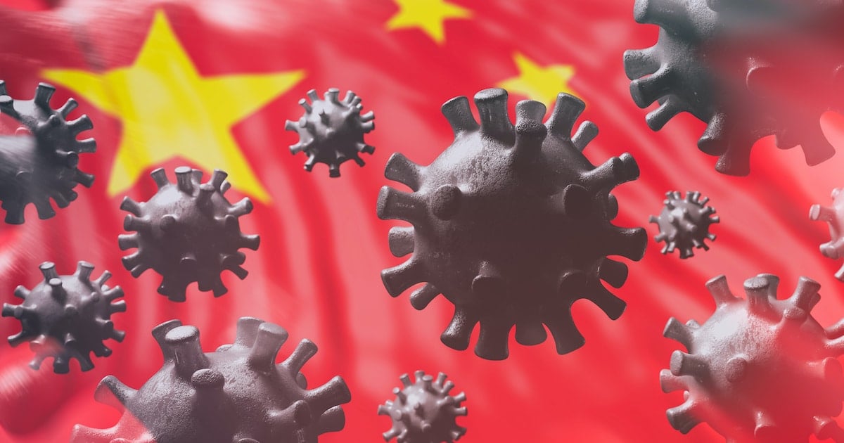 China coronavirus cells to illustrate epidemic pandemic flu virus infection, with a Chinese flag background. (Photo: AdobeStock)