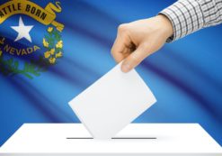 Voting, elections and state polls concept: Ballot box with state flag in the background - Nevada. (Photo: AdobeStock)