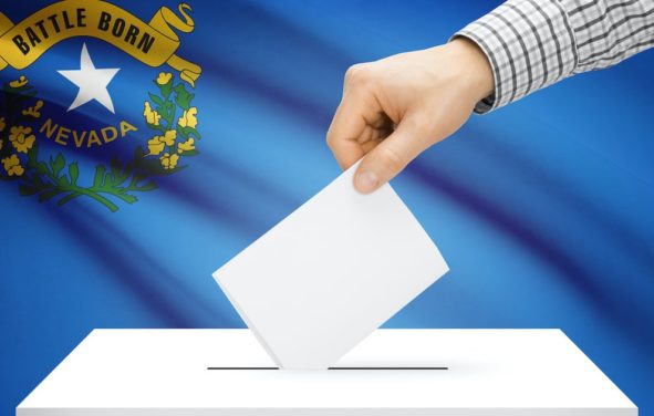 Voting, elections and state polls concept: Ballot box with state flag in the background - Nevada. (Photo: AdobeStock)
