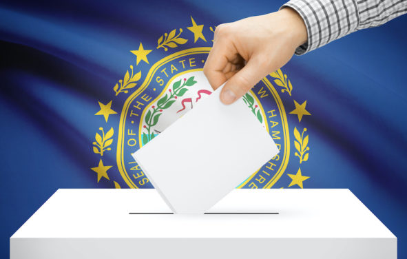 Voting, elections and state polls concept: Ballot box with state flag in the background - New Hampshire. (Photo: AdobeStock)