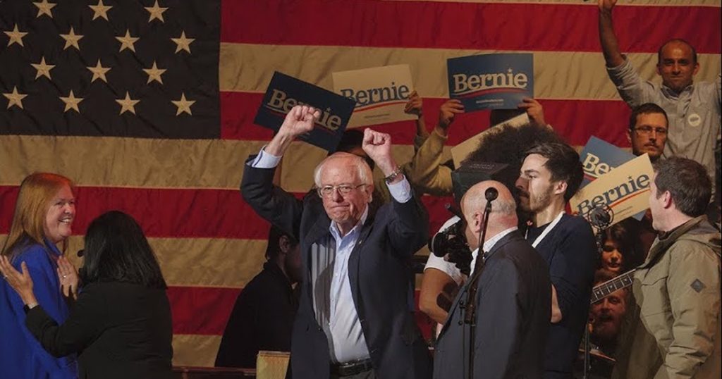 Socialist Vermont Senator Bernie Sanders reacts to the results of the Iowa Democratic Caucus.