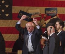 Socialist Vermont Senator Bernie Sanders reacts to the results of the Iowa Democratic Caucus.