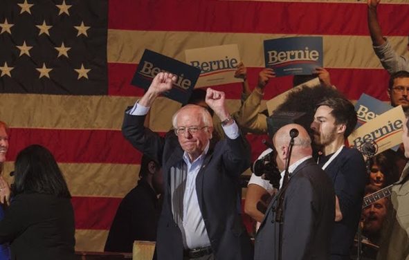 Socialist Vermont Senator Bernie Sanders reacts to the results of the Iowa Democratic Caucus.