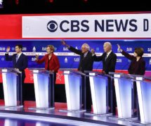 From left, Democratic presidential candidates, former New York City Mayor Mike Bloomberg, former South Bend Mayor Pete Buttigieg, Sen. Elizabeth Warren, D-Mass., Sen. Bernie Sanders, I-Vt., former Vice President Joe Biden, Sen. Amy Klobuchar, D-Minn., and businessman Tom Steyer, participate in a Democratic presidential primary debate at the Gaillard Center, Tuesday, Feb. 25, 2020, in Charleston, S.C., co-hosted by CBS News and the Congressional Black Caucus Institute. (AP Photo/Patrick Semansky)